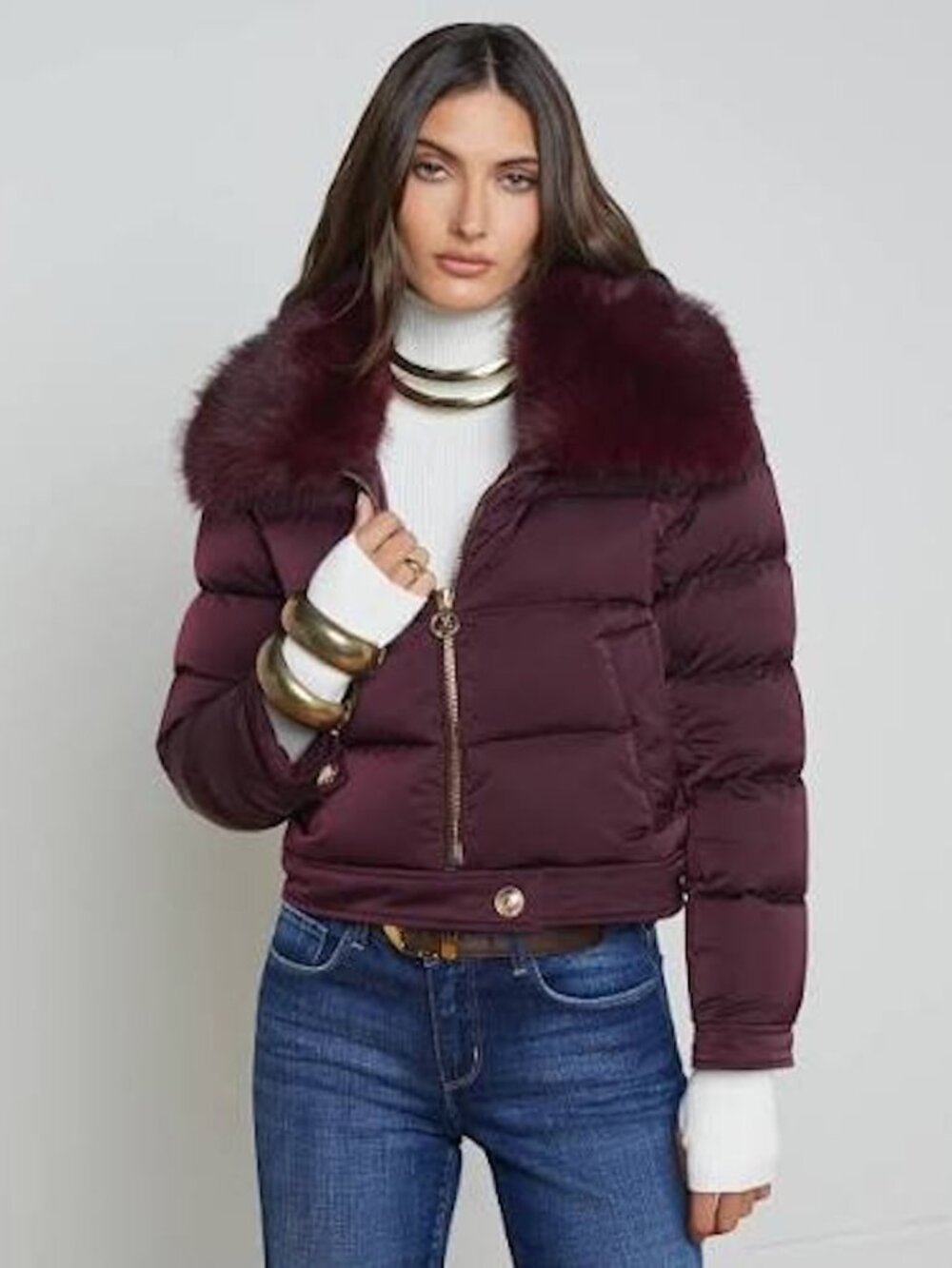 L'AGENCE Bretton Down Feather Quilted Puffer Jacket Faux Fur Collar Burgundy